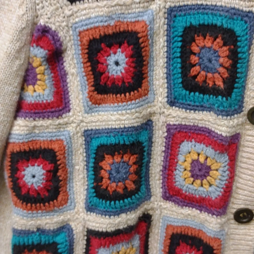 Alfred Dunner Vintage Crochet Granny Square Beige Ramie Cotton Knit Cardigan PXL - Picture 7 of 16